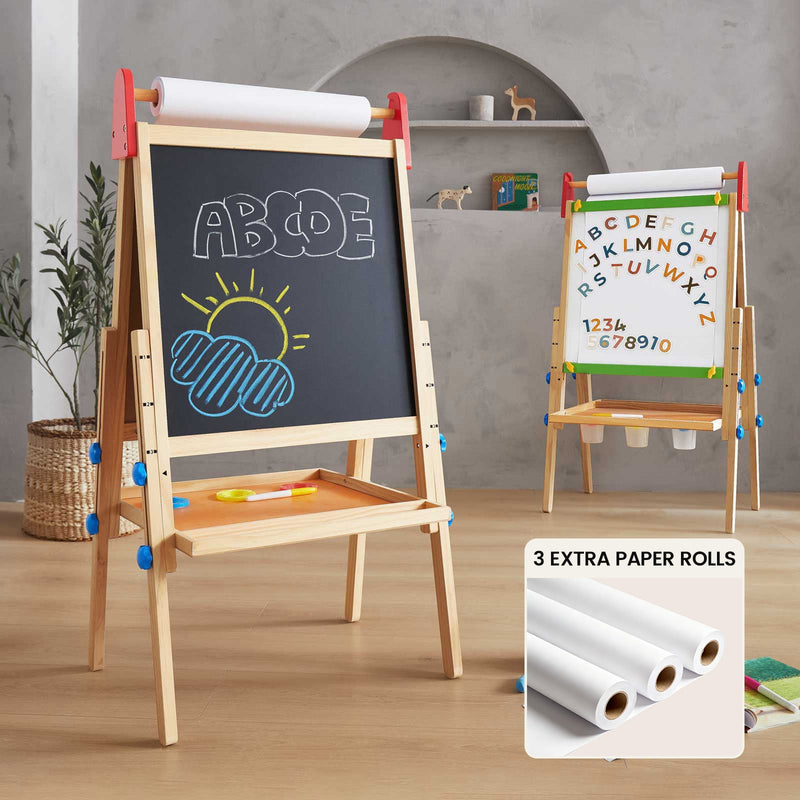 Tiny Land 3-in-1 wooden art easel with chalkboard, whiteboard, and paper roll holder on white background