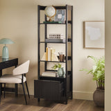 Tall black bookshelf with decorative items in a home office setting.