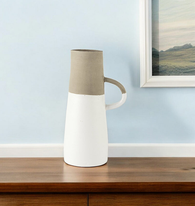 14" White and Natural Ceramic Decorative Jug