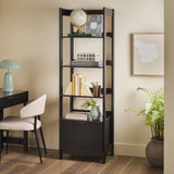Tall black bookshelf with decorative items in a home office setting.