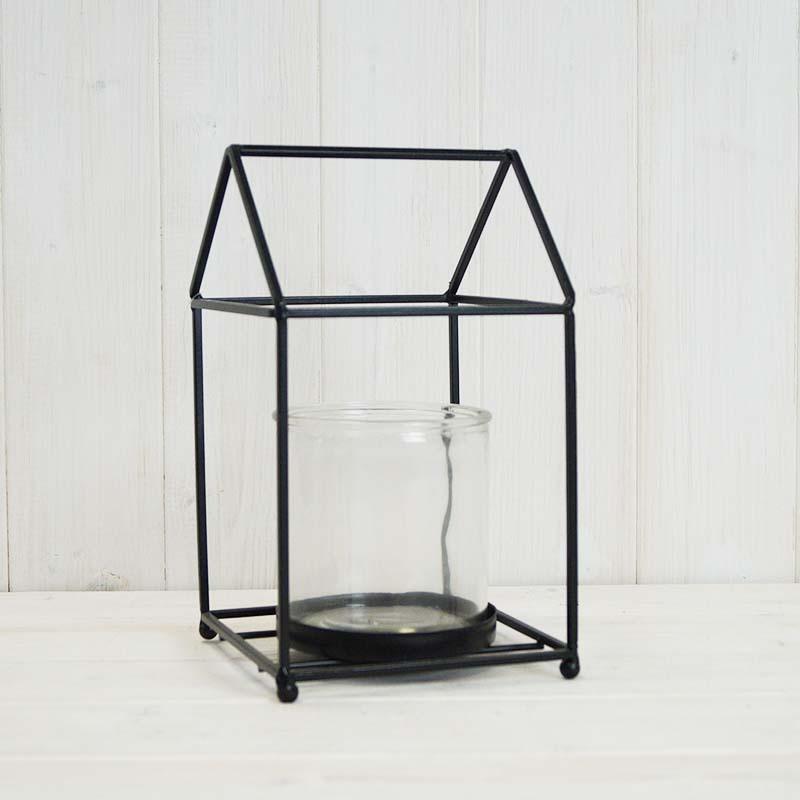 Black House Shape Lantern With Glass Insert