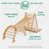 Wooden climbing toy with text highlighting features on a white background