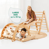 Children playing on a wooden climbing toy with text indicating its large size capacity.