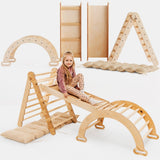 Child playing on a wooden climbing toy set with a white background