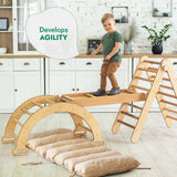 Child playing on a wooden climbing toy in a home setting with text 'Develops Agility'.