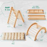 Wooden playground equipment set with measurements on a light gray background