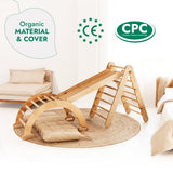 Wooden seesaw with organic material and cover certification logos on a white background