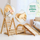 Wooden climbing toy with round edges and smooth surface, featuring a baby climbing on it.