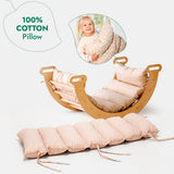 Baby rocking chair with 100% cotton pillow and child holding the pillow inset.