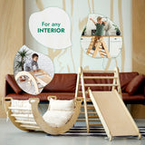 Children's play area with wooden slide, swing, and climbing frame in a living room setting.