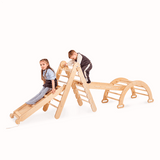 4in1 Montessori Climbing Frame: Pikler Triangle + Climbing Arch + Slide Board + Net – Beige