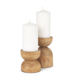 Set of Two Brown Distressed Geometric Solid Wood Pillar Candle Holders