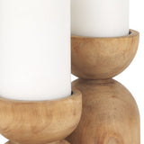Set of Two Brown Distressed Geometric Solid Wood Pillar Candle Holders
