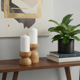 Set of Two Brown Distressed Geometric Solid Wood Pillar Candle Holders