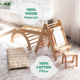 Wooden baby swing and chair with a pillow on a wooden floor, emphasizing 100% wood materials and a cotton pillow.