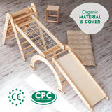 Wooden children's slide and climbing structure on a wooden floor with 'CPC' and 'CE' logos.