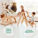 Children playing with a wooden climbing toy in a bright room.