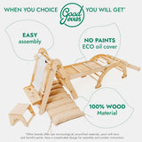 Wooden chair with assembly, eco oil cover, and 100% wood material features on a white background.