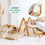 Wooden baby rocker and changing table set in a room with a bed and decorative elements.