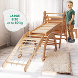 Wooden climbing toy with a child standing nearby, labeled 'Large Size up to 80 kg'.