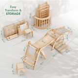 Wooden toy furniture set with dimensions on a white background