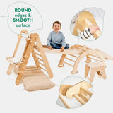 Wooden climbing toy with round edges and smooth surface, child sitting on it, and close-up of wooden surface.