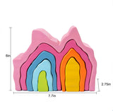 Set of colorful wooden toy blocks with measurements on a white background