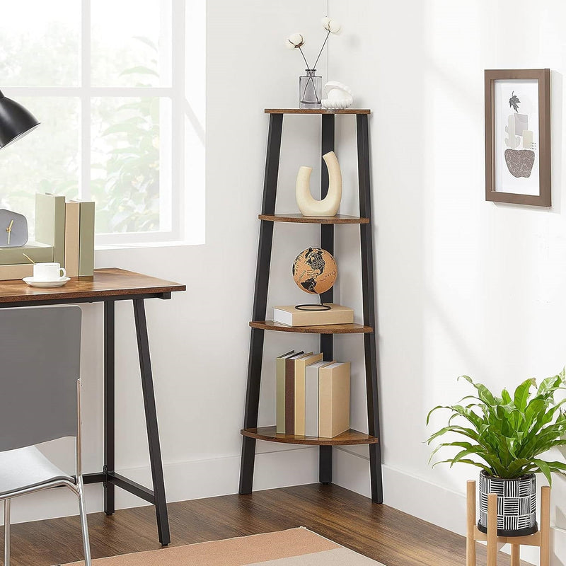 Tall wooden shelf with decorative items in a room with a desk and plant.