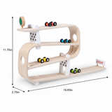 Wooden toy track with cars and measurements on a white background
