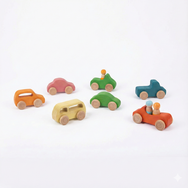 Set of colorful wooden toy cars on a white background
