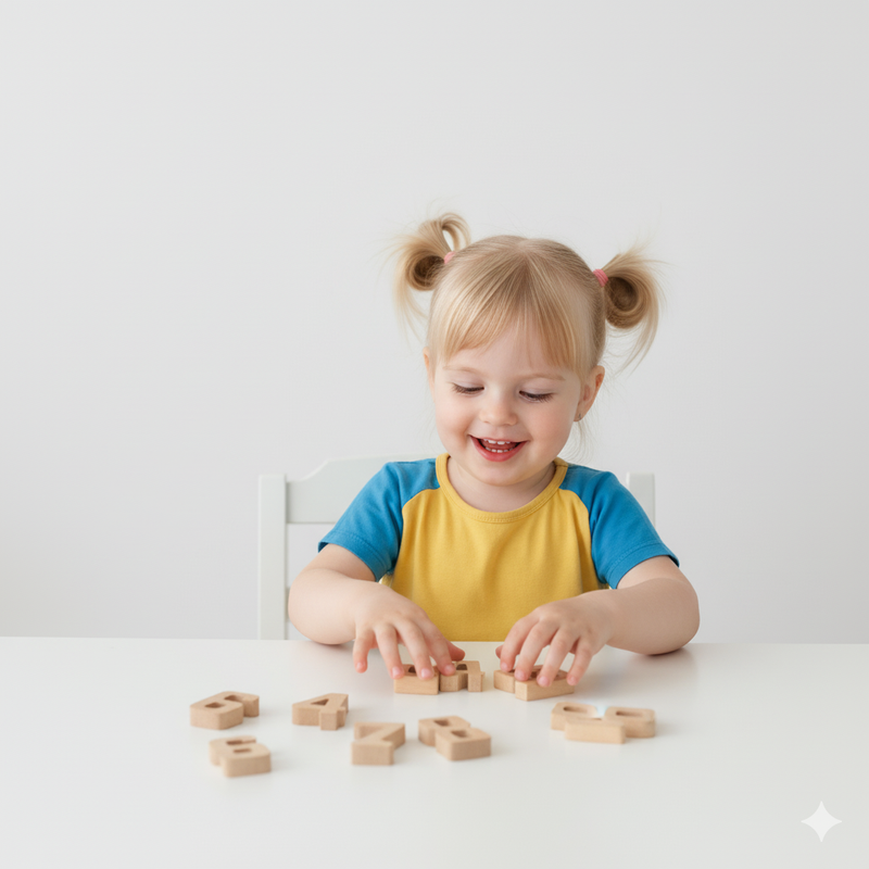 Child playing with wooden blocks on a white table