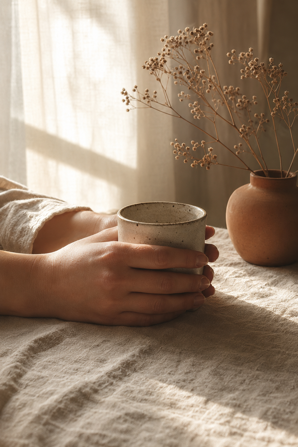 A person's hands holding a small speckled ceramic cup in a warm, sunlit room, with dried flowers in a terracotta vase on a linen surface nearby.
