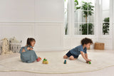 Two children playing with toys on a light-colored rug in a bright room with large windows.
