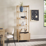 Light wooden bookshelf with decorative items in a room with a chair and table.