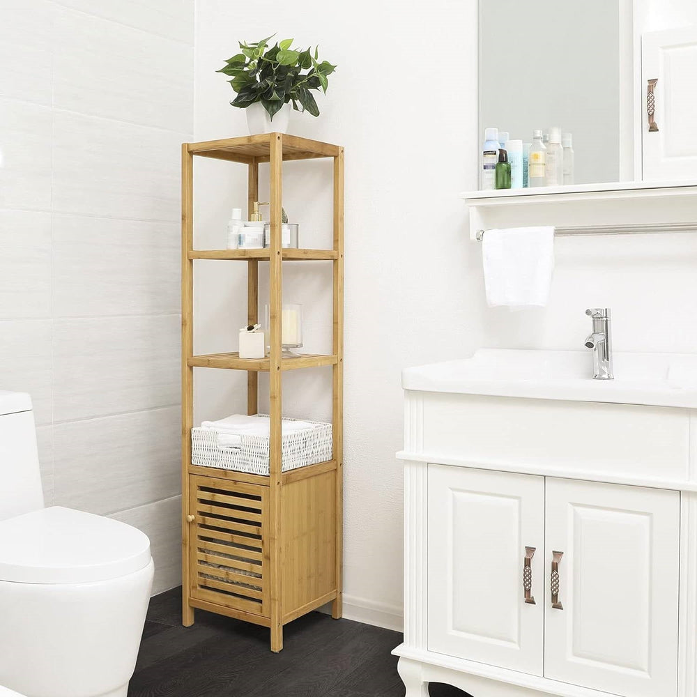 Bathroom with a wooden shelf unit next to a white cabinet and sink.