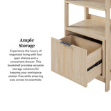 Wooden bookshelf with open drawer and shelves on a white background