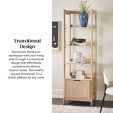 Wooden shelf with decorative items in a room setting, featuring text about transitional design.