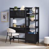 Black desk with shelves and chair against a light blue wall.