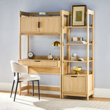 Wooden study desk with shelves, chair, and decorative items against a light blue wall.