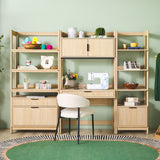 Wooden office setup with shelves, desk, and chair against a green wall.