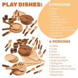 Wooden play dishes and utensils set with quantity requirements for 2 and 4 persons.