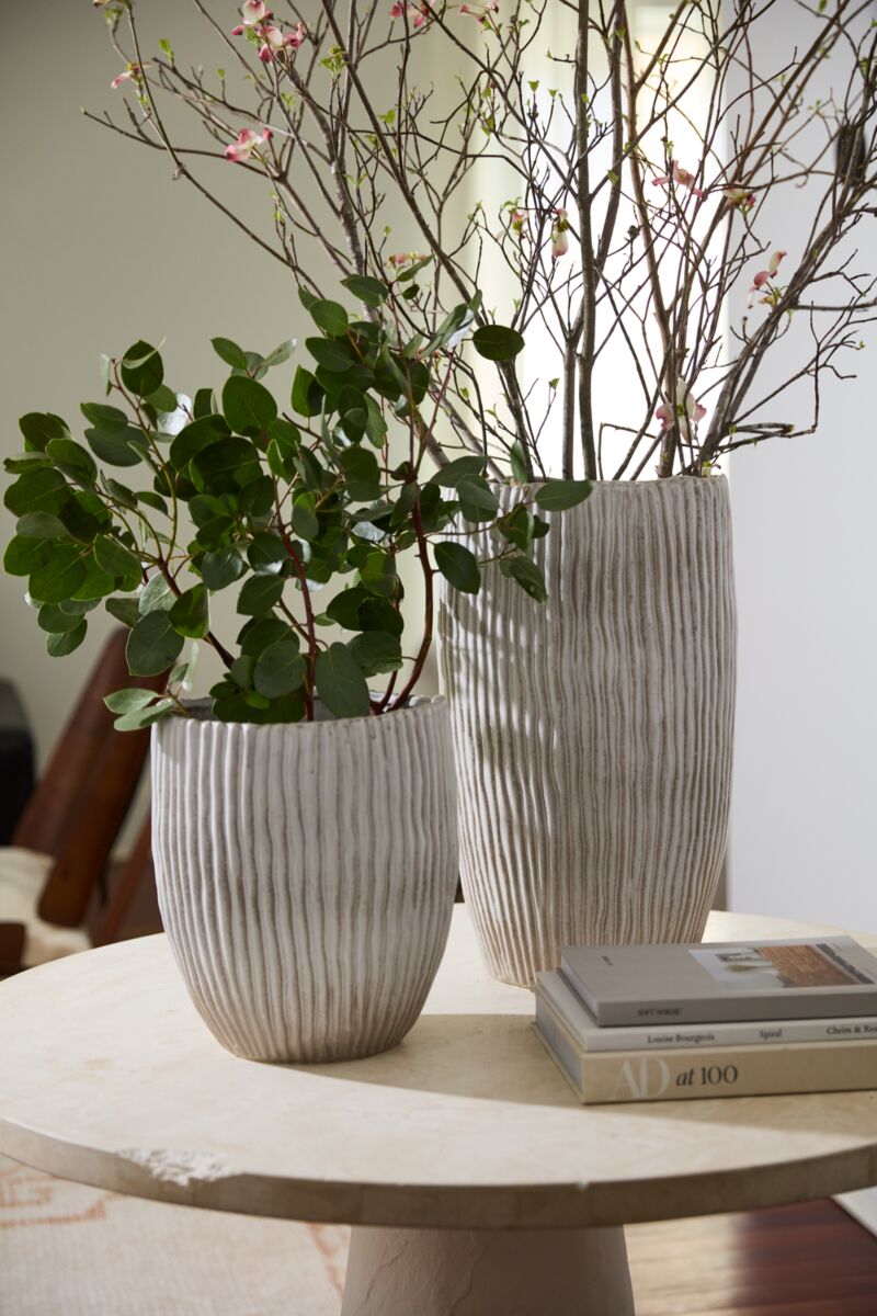 Two ceramic planters with plants on a wooden table.